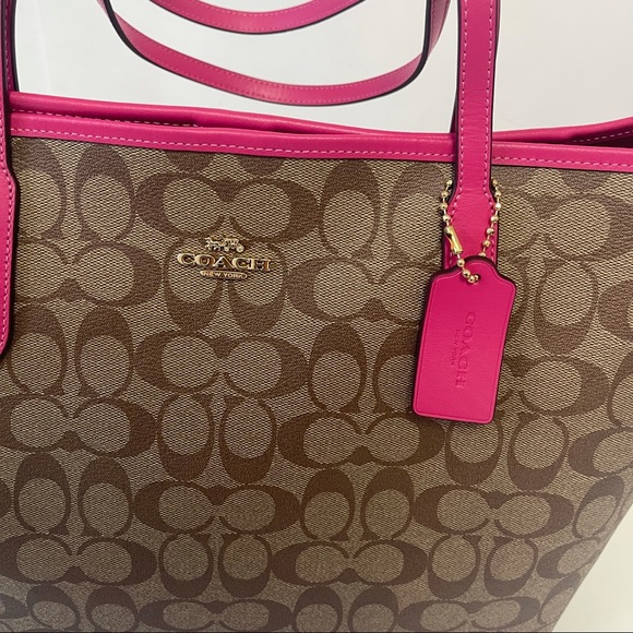 Coach City Tote In Signature Canvas Tan And Bold Pink New With Tag - Picture 3 of 11